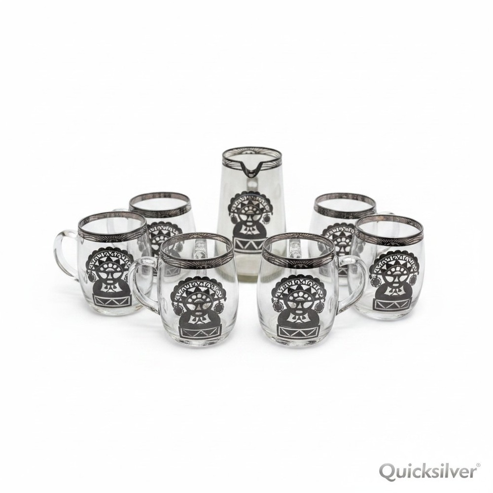 Vintage Aztec Mayan‎ Silver Overlay Glassware Set Pitcher and 6 Mugs Tumi Decor